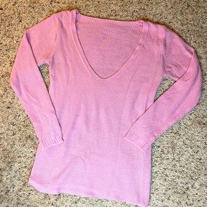 Pink V Neck Waffle Knit Sweater